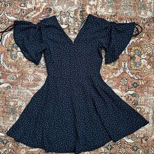 Mango Elegant Navy Blue Polka Dot Dress with Pockets Small